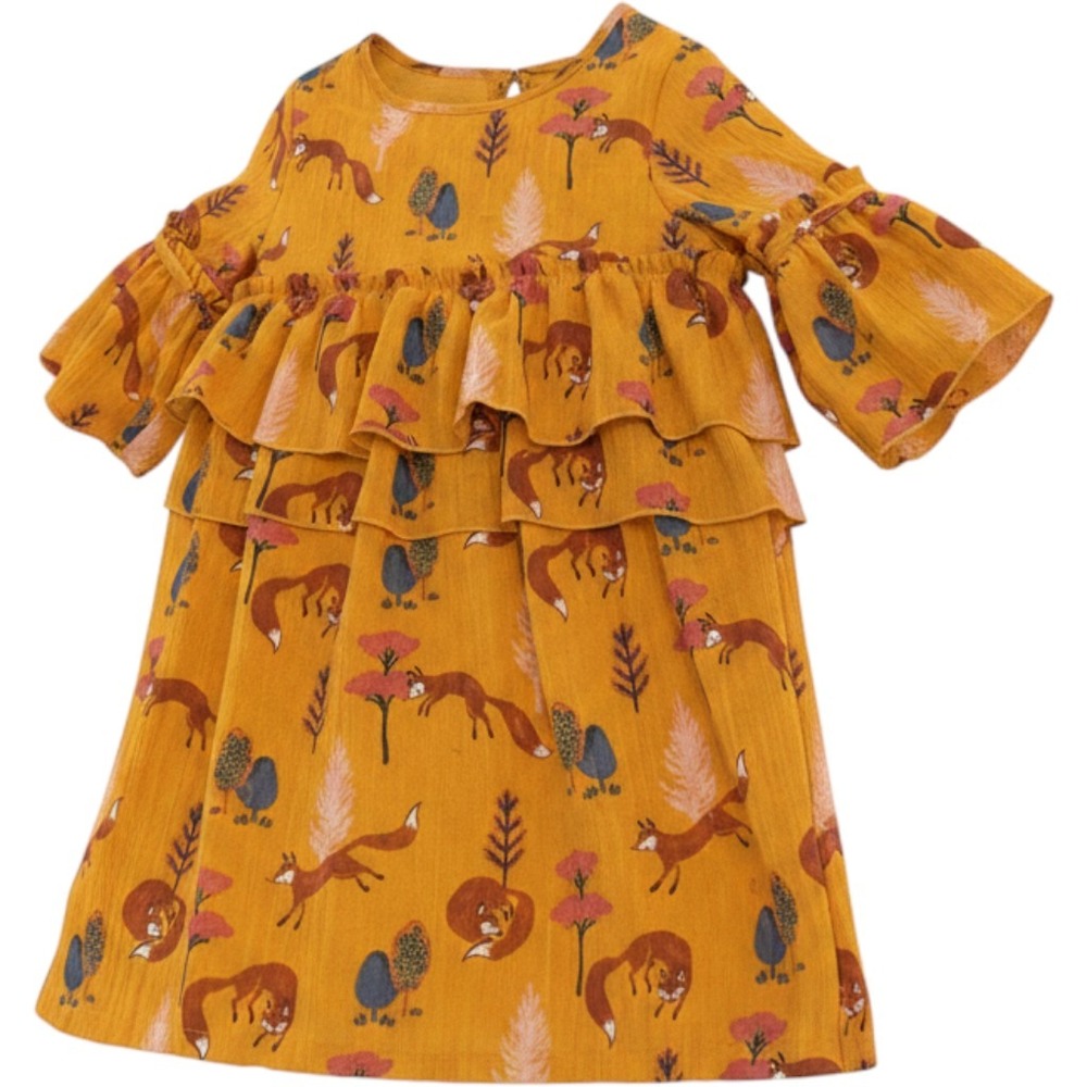 Genuine Kids OshKosh Girls Mustard Yellow Fox Woodland Ruffle Tiered Dress 5T
